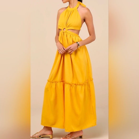 Lulus Island Vacay Marigold Yellow Cutout Tie-Back Halter Maxi Dress, Size XS - Picture 3 of 10